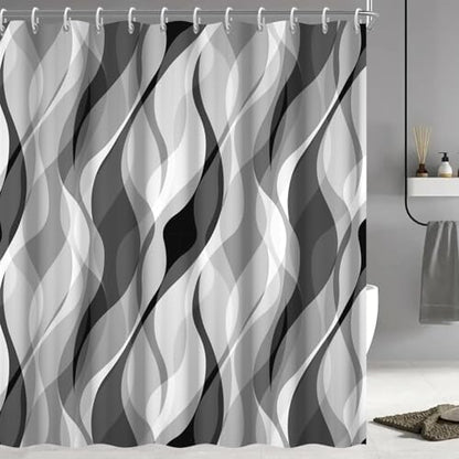 Grey Striped Shower Curtain with Hooks for Bathroom 72x96 Inch