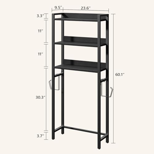MAHANCRIS Over The Toilet Storage Rack, 3 Tier Bathroom Organizer Over Toilet, Freestanding Space Saver Toilet Stand with 2 Hooks, Bathroom Storage Shelf, Easy to Assemble, Black TSBK6001