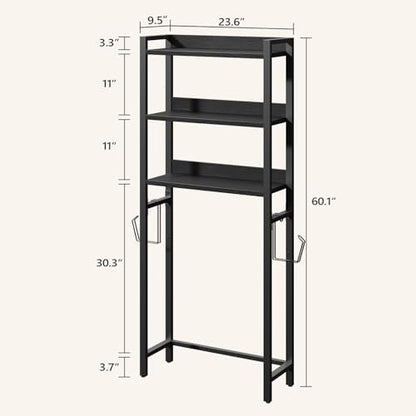 MAHANCRIS Over The Toilet Storage Rack, 3 Tier Bathroom Organizer Over Toilet, Freestanding Space Saver Toilet Stand with 2 Hooks, Bathroom Storage Shelf, Easy to Assemble, Black TSBK6001
