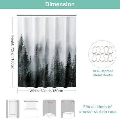 ORTIGIA 60x72 Misty Forest Stall Shower Curtain for Small Bathroom, Dark Green Narrow Nature Woodland Shower Curtain Set with Hooks, Waterproof Fabric Pine Tree Fog Magic Home Bath Curtain