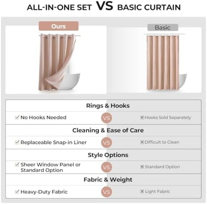 River Dream Linen Textured No Hooks Shower Curtain with Liner,Pink,71x74