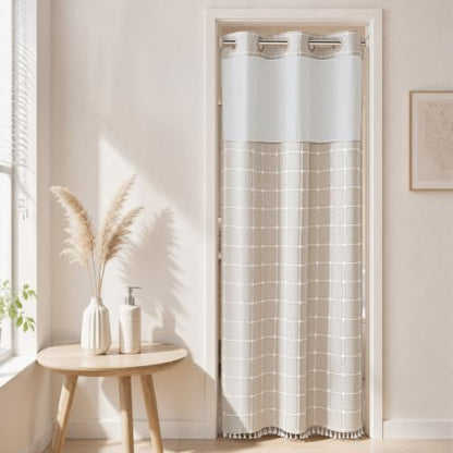 RiverDream Farmhouse No Hooks Shower Curtain with Snap-in Liner,Linen,36x74