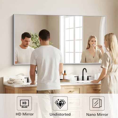 DESBING 30" x 55" Bathroom Mirror, Silver Metal Frame Wall Mirror