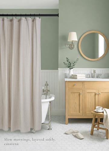 Farmhouse Striped Shower Curtain - Extra Long 72x84 Inches, Linen Blend Fabric, Breathable & Machine Washable, Rustic Sage for Bathroom Decor (Hooks/Liner Not Included)