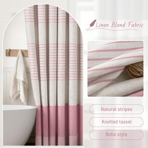 Pink Boho Linen Striped Shower Curtain with Tassel 72" W X 72" L
