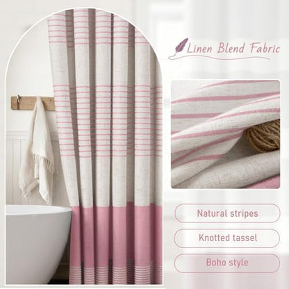 Pink Boho Linen Striped Shower Curtain with Tassel 72" W X 72" L