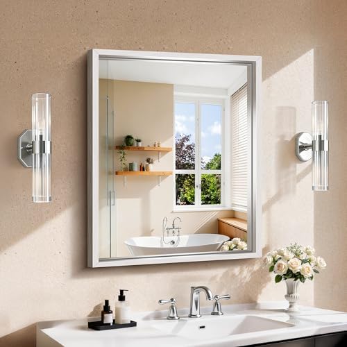 CIRCUMI 24"x30" Brushed Silver Bathroom Mirror, Rectangular Vanity Mirror