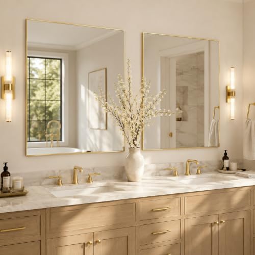 30"x30" Brushed Gold Framed Square Bathroom Vanity Wall Mirror