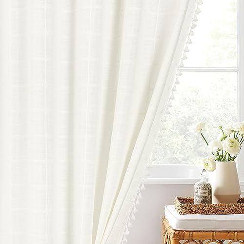 Boho Farmhouse Classic Plaid Linen Tassel Shower Curtain Ivory,72x72