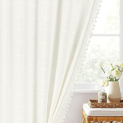 Boho Farmhouse Classic Plaid Linen Tassel Shower Curtain Ivory,72x84