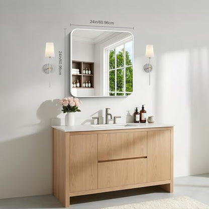 BONEWEI White Bathroom Mirror,24x24 inch Wall Mirror for Bathroom Wall Mounted,Rectangle Mirror for Bathroom Over Sink,Modern Frame Round Corner for Living Room,Bedroom Entryway,Horizontal/Vertical