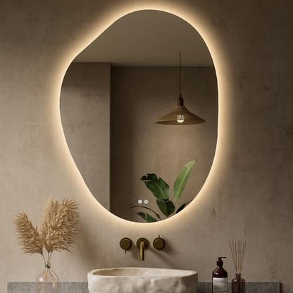 Keonjinn Asymmetrical LED Bathroom Mirror 30 x 40 Inch, HD Tempered Glass