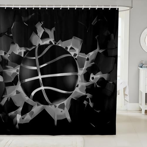 jejeloiu Basketball Bath Curtain Boys Girls 72"x84" Gaming Sports Shower Curtain for Kids Women Men Waterproof Black Gray Ombre Bathroom Shower Curtain Set Gift for Basketball Lover
