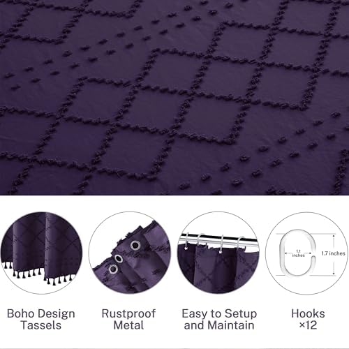 Siiluminisoy Boho Shower Curtain Dark Purple Woven Fabric Cute Shower Curtain, Tufted Chevron Textured Striped 72" x 72" Modern Farmhouse Minimalist Cloth Shower Curtains for Bathroom