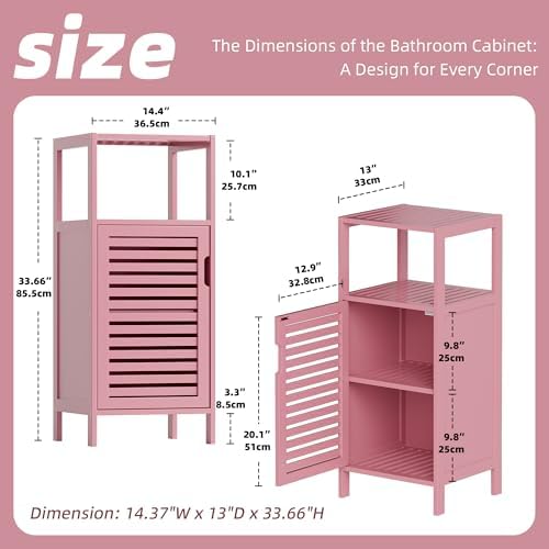 HITNET Small Bathroom Storage Cabinet, Bamboo Floor Cabinet Single Door, Freestanding Narrow Side Organizer for Living Room Hallway Entryway, Pink