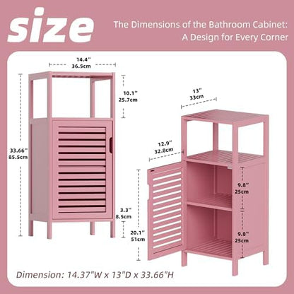 HITNET Small Bathroom Storage Cabinet, Bamboo Floor Cabinet Single Door, Freestanding Narrow Side Organizer for Living Room Hallway Entryway, Pink