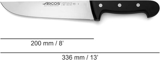 Arcos Butcher Knife 8 Inch Nitrum Stainless Steel and 200 mm blade. Professional Cooking Knife For Cutting Meat, Fish and Vegetables. Ergonomic Polyoxymethylene Handle. Series Universal. Color Black.