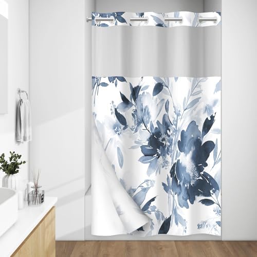 WITHLOC No Hook Floral Shower Curtain with Liner, Aqua Blue, 54x80