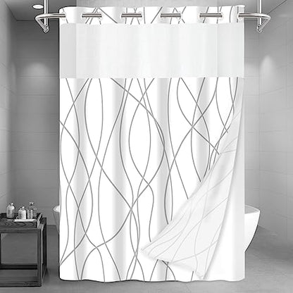 LXBNI Gray White No Hook Shower Curtain with Liner, 71 x 86 Inch
