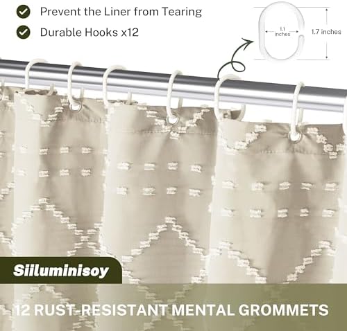 Siiluminisoy Beige Boho Woven Fabric Cute Shower Curtain, 72 x 72 Tufted Chevron Textured Striped Modern Farmhouse Minimalist Cloth Shower Curtain for Bathroom