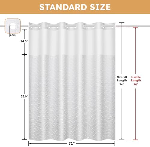 FADOTY White No Hook Shower Curtain Set with Snap in Liner, 71'' x 74''