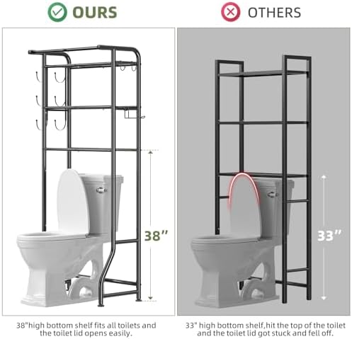Simple Trending Over The Toilet Storage Cabinet, Metal Bathroom Shelf Organizer with Paper Holder and Hooks, 3 Tier, Black