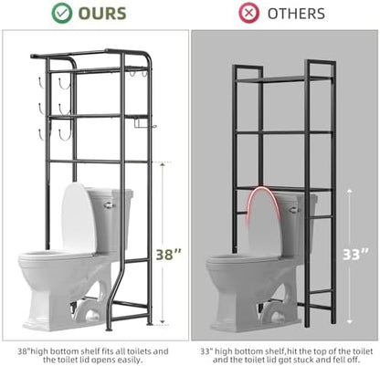 Simple Trending Over The Toilet Storage Cabinet, Metal Bathroom Shelf Organizer with Paper Holder and Hooks, 3 Tier, Black