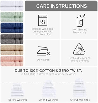 Comfort Spaces 12 Pc Towel Set, 100% Cotton Zero Twist, White