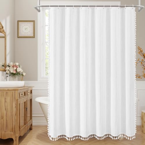 Boho Striped Tassel Linen Shower Curtain,3D Embroidery Stripe White,54x78