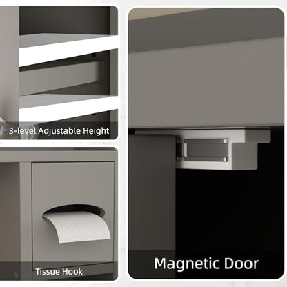 Shintenchi Over the Toilet Storage Cabinet, Bathroom Storage Cabient with Barn Doors, Bathroom Storage Shelf Organizer with Toilet Paper Holder, Adjustable Shelf and Anti-Tip Device, Gray