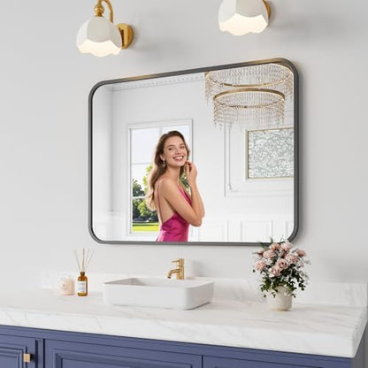 Koonmi Bathroom Mirror, 28X36 Brushed Black Rectangle Wall Mirror, HD Tempered Glass, Anti-Rust Frame Vanity Mirror, Rounded Rectangle Mirror for Restroom, Bedroom, Hangs Horizontal or Vertical