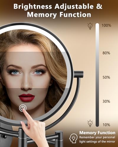 ALHAKIN 9" Wall Mounted Lighted Makeup Mirror, Large Double Sided 1X/10X Magnifying Mirror with 3 Color Lights Dimmable, 360° Rotation, Black