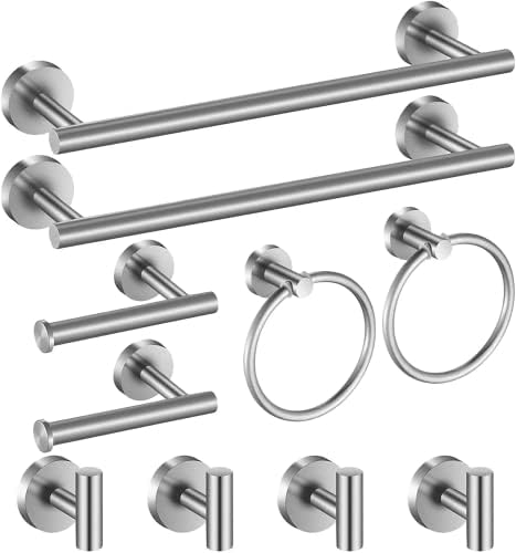 Brushed Nickel Bathroom Hardware Set, 24 Inch Towel Bar Set 10 Pieces Bathroom Accessories Set Includes Includes 2 Packs 24 Inch Towel Bar, Towel Ring, Toilet Holder and 4 Packs Towel Hooks