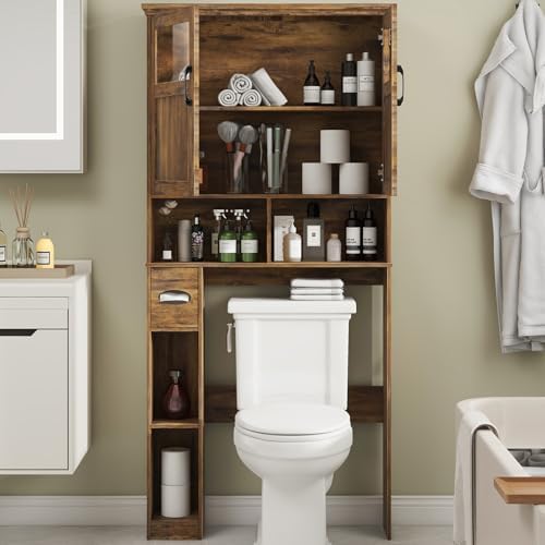 Vabches Over The Toilet Storage Cabinet with Doors & Paper Holder, Brown