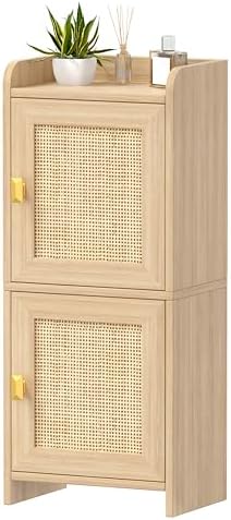 Akxomel Rattan Small Bathroom Cabinet Narrow Toilet Paper Organizer Oak