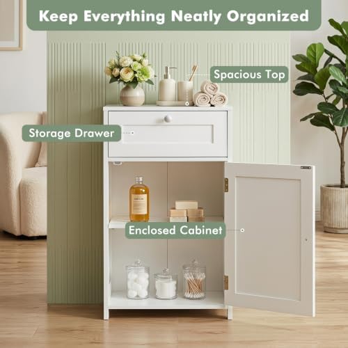 GIANTEX Floor Bathroom Storage Cabinet with Door and Drawer (White)