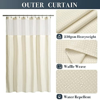N&Y HOME Extra Long Waffle Shower Curtain with Snap-in Liner Cream, 71x84
