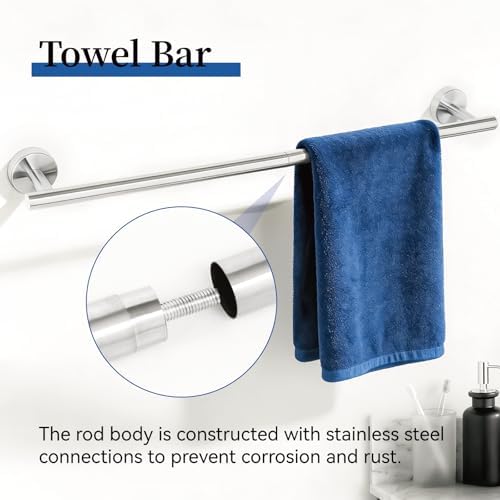 HOMOTEK 4 Pieces Bathroom Accessories Hardware Set, 24 inch Towel Bar, Towel Ring, Robe Hook, Toilet Paper Holder, Stainless Steel Rack Kit Wall Mounted, Brushed Stainless Steel