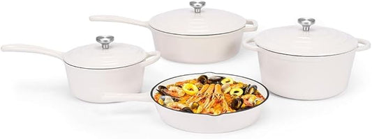 QuliMetal Nonstick Enameled Cast Iron Cookware Set, 4-Pcs Pots and Pans with Lids, Healthy Round Dutch Oven Pot for Sourdough Bread Baking, Oven Safe up to 500°F, Compatible with All Stovetops
