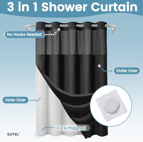 EUTXL 256GSM No Hook Waffle Weave Shower Curtain with Liner, 71x74, Black