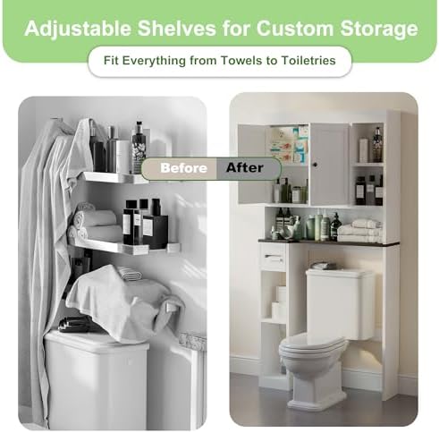 Over The Toilet Storage Cabinet with 7 Shelves, Imitation Walnut Grain Above Toilet Bathroom Organizer with Toilet Paper Holder Stand, Space Saver for Restroom, Laundry, Bathroom (White)