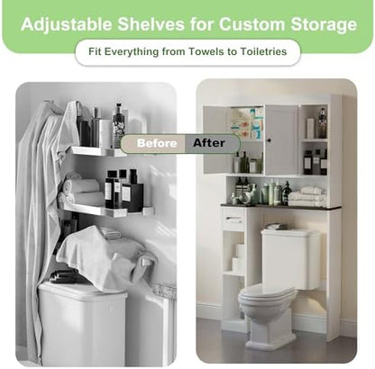 Over The Toilet Storage Cabinet with 7 Shelves, Imitation Walnut Grain Above Toilet Bathroom Organizer with Toilet Paper Holder Stand, Space Saver for Restroom, Laundry, Bathroom (White)