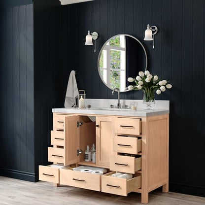 ARIEL Cambridge 48-inch Bathroom Vanity with Sink,Solid Wood, 1.5-inch Carrara White Quartz Countertop, Single Rectangular Porcelain Sink, 2 Soft Closing Doors, 9 Dovetail Drawers, White Oak