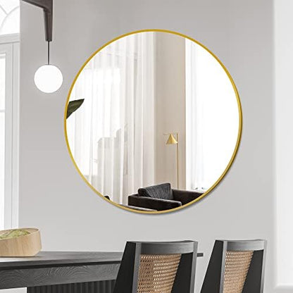 Delma 26 Inch Gold Round Circle Mirror for Bathroom Wall, Metal Frame