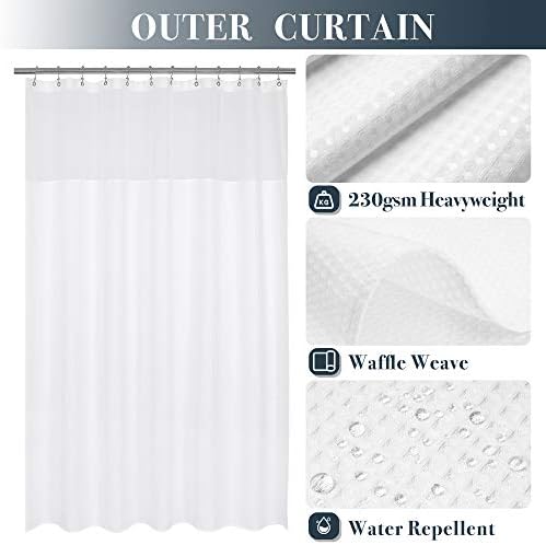 N&Y HOME Waffle Weave Shower Curtain with Snap-in Fabric Liner Set, 12 White Hooks Included - Hotel Style, Waterproof & Washable, Heavyweight Fabric & Mesh Top Window - 71x72, White (Pack of 2)