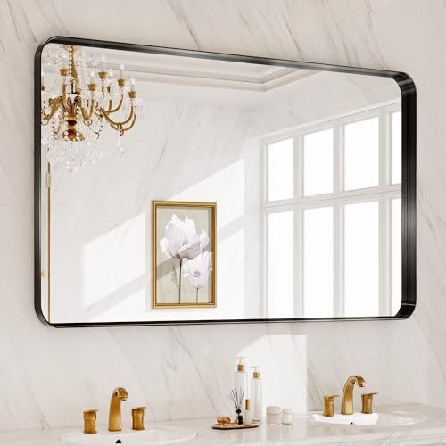 40X30 Inch Black Metal Framed Bathroom Mirror for Wall