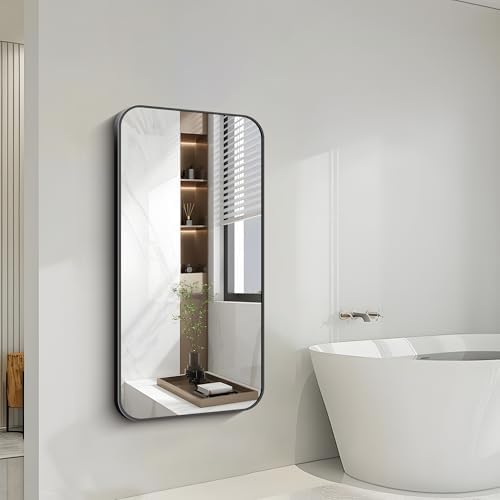 FORBATH Bathroom Mirror 48" x 24", Rectangle Black Narrow Bathroom Mirror with Black Aluminum Frame Rounded Corner, Wall Mounted Mirror for Bedroom Entryway Living Room