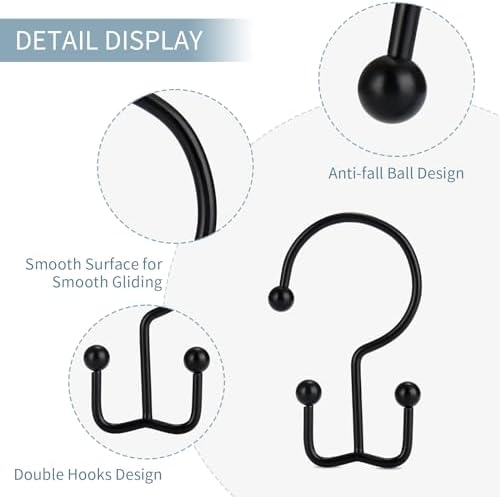 24 Pcs Shower Curtain Hooks, Goowin Shower Curtain Rings, Durable Black Shower Curtain Hooks Rust Proof, Shower Rings for Curtain, Double Glide Shower Hooks for Shower Curtain Rods, Black