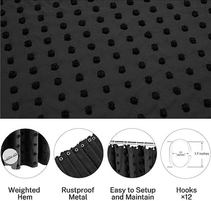 Siiluminisoy Extra Long Black Boho Shower Curtain Woven Fabric Cute Shower Curtain, 72 x 96 Tufted Pleat Floral Textured Modern Farmhouse Minimalist Shower Curtain Set with Hooks for Bathroom