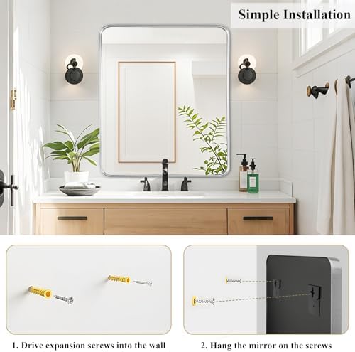 Silver Bathroom Vanity Mirror Over Sink 30x36, Large Wall Chrome Mirror
